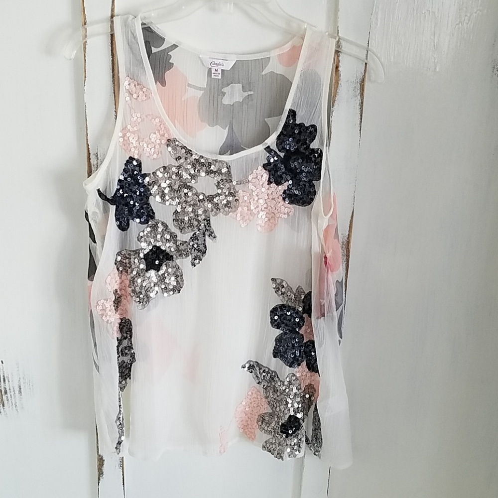 Cream colored sequin Floral tank top